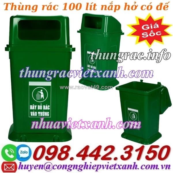 Thùng rác 100 lít nhựa hdpe có đế - nắp hở phía trước