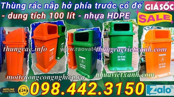 Thùng rác 100 lít nhựa hdpe có đế - nắp hở phía trước