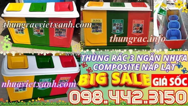 Thùng rác 3 ngăn nhựa composite nắp bập bênh