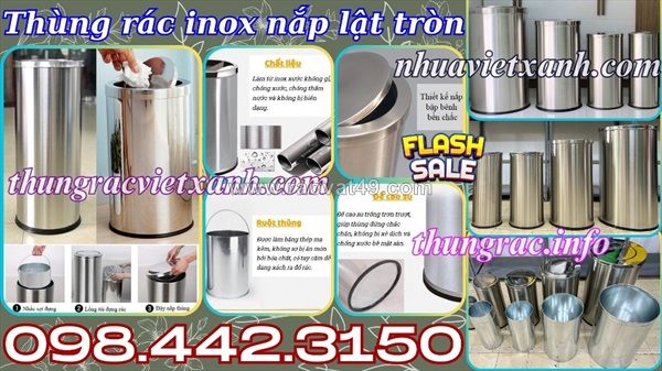 Thùng rác inox nắp lật tròn - thùng rác inox nắp bập bênh