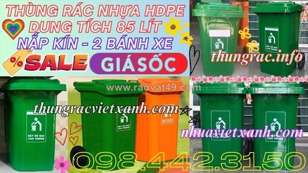 Thùng rác 85 lít nhựa hdpe nắp kín - 2 bánh xe