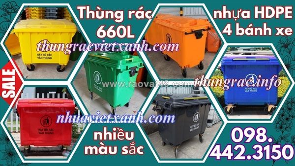 Thùng rác 660 lít nhựa hdpe 4 bánh xe nhiều màu sắc