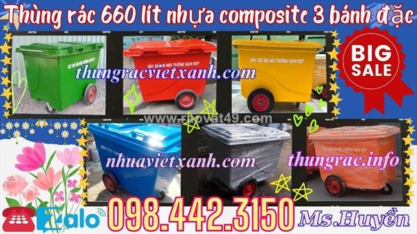 Thùng rác 660 lít nhựa composite 3 bánh đặc