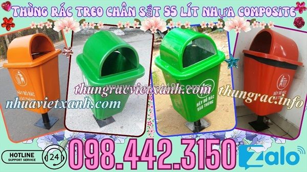 Thùng rác treo đơn chân sắt 55 lít nhựa composite