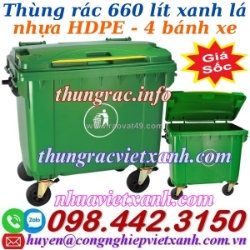 Thùng rác 660 lít nhựa hdpe 4 bánh xe màu xanh lá