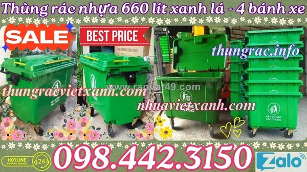 Thùng rác 660 lít nhựa hdpe 4 bánh xe màu xanh lá