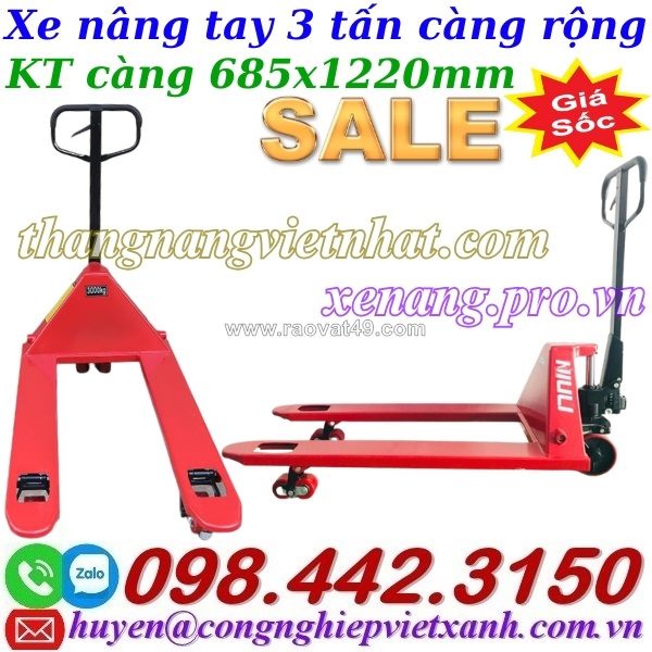 Xe nâng tay thấp 3 tấn càng rộng 685x1220mm