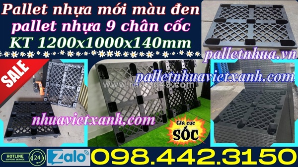 Pallet nhựa cốc 9 chân 1200x1000x140mm màu đen