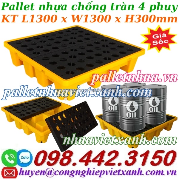 Pallet nhựa chống tràn 4 phuy 1300x1300x300mm khuyến mãi giá sốc