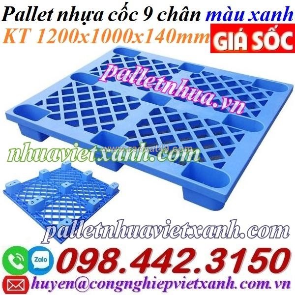 Pallet nhựa cốc 9 chân 1200x1000x140mm màu xanh dương