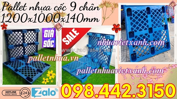 Pallet nhựa cốc 9 chân 1200x1000x140mm màu xanh dương