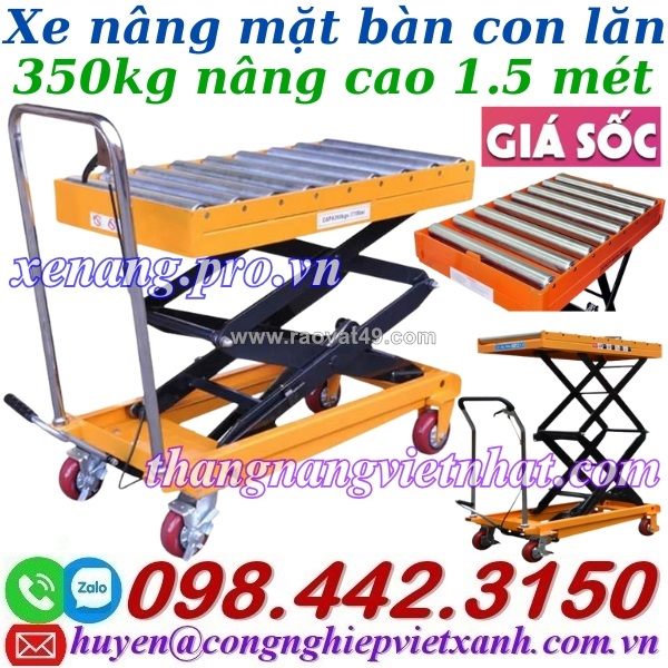 Xe nâng mặt bàn con lăn 350kg nâng cao 1.5 mét