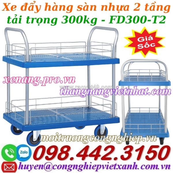 Xe đẩy hàng 2 tầng sàn nhựa 300kg giá rẻ