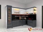 Mẫu tủ bếp gỗ đẹp hình chữ l gỗ mdf phủ acrylic màu xám phối trắng
