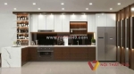 Mẫu tủ bếp gỗ hình chữ l mdf màu nâu vân gỗ phối trắng đẹp