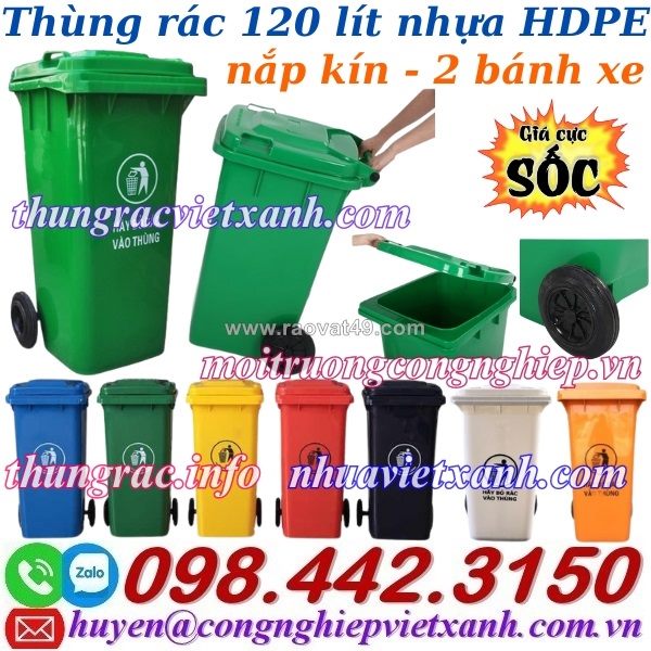 Thùng rác 120 lít nắp kín - nhựa hdpe - 2 bánh xe