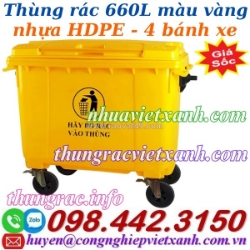Thùng rác 660 lít nhựa hdpe 4 bánh xe - màu vàng