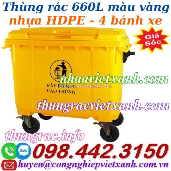 Thùng rác 660 lít nhựa hdpe 4 bánh xe - màu vàng