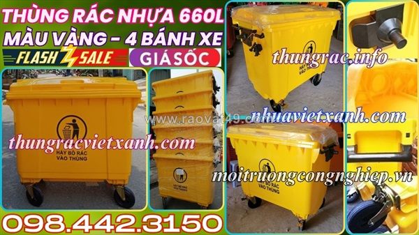 Thùng rác 660 lít nhựa hdpe 4 bánh xe - màu vàng