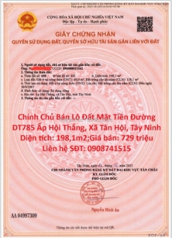 Chính chủ bán lô đất mặt tiền đường dt785 ấp hội thắng, xã tân hội, tây ninh