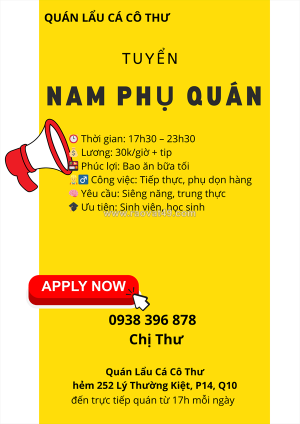 Quán lẩu cá cô thư – tuyển nam nhân viên phụ quán ăn