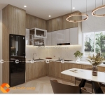Tủ bếp gỗ công nghiệp chữ l phối màu nâu vân gỗ hiện đại