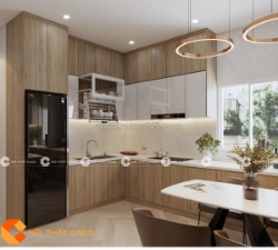 Tủ bếp gỗ công nghiệp chữ l phối màu nâu vân gỗ hiện đại