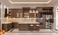 Tủ bếp gỗ tự nhiên hiện đại phối màu nâu ấm sang trọng