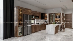 Tủ bếp gỗ tự nhiên thiết kế chữ i có đảo bếp sang trọng