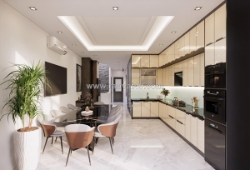 Tủ bếp mdf phủ acrylic bóng gương chữ l kịch trần