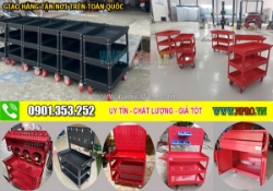 Xe đẩy 3 ngăn được kết với bảng treo cơ khí, bảng treo khay nhựa
