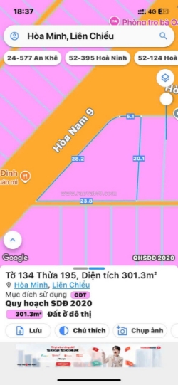 Bán đất: chào bán lô đất góc 2 mặt tiền đường  hòa nam 9 & 8 hòa minh, liên