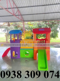 Cầu trượt 2 khối nhà,hàng rào nhựa mầm non ,nhà leo cầu trượt 2 khối