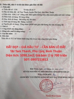 Đất đẹp – giá đầu tư  - cần bán lô đất  tại tam thanh, phú quý, bình thuận