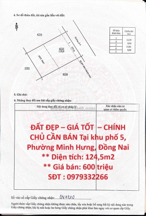 Đất đẹp – giá tốt  – chính chủ cần bán tại khu phố 5, phường minh hưng, đồng nai
