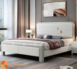 Giường ngủ gỗ tự nhiên phủ sơn trắng bo tròn đầu giường hiện đại