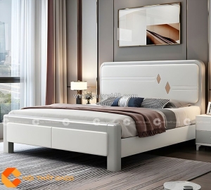 Giường ngủ gỗ tự nhiên phủ sơn trắng bo tròn đầu giường hiện đại