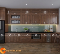Mẫu tủ bếp gỗ tự nhiên chữ i tiết kiệm diện tích