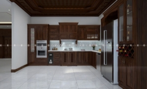 Thiết kế tủ bếp gỗ tự nhiên với vân nâu sang trọng