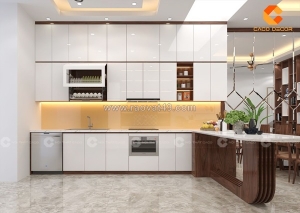 Tủ bếp gỗ công nghiệp chữ i kết hợp bàn đảo hiện đại