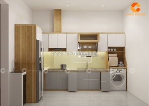 Tủ bếp gỗ công nghiệp chữ l chia khoang kệ thông minh