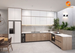 Tủ bếp gỗ công nghiệp chữ l nâu gỗ phối trắng hiện đại