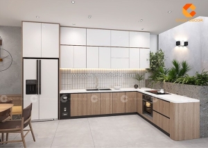 Tủ bếp gỗ công nghiệp chữ l nâu gỗ phối trắng hiện đại