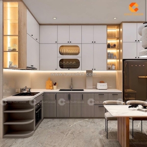 Tủ bếp gỗ công nghiệp chữ l thiết kế theo yêu cầu