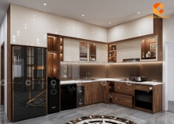 Tủ bếp gỗ công nghiệp màu nâu gỗ phối trắng chữ l hiện đại