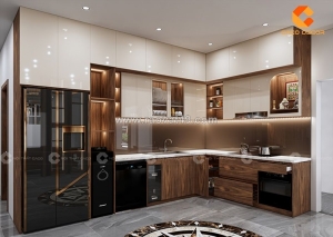 Tủ bếp gỗ công nghiệp màu nâu gỗ phối trắng chữ l hiện đại