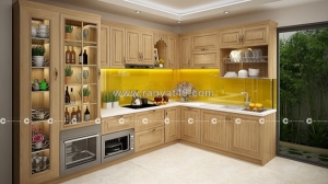 Tủ bếp gỗ sồi chữ l có bàn thờ ông táo hiện đại