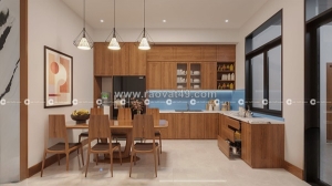 Tủ bếp gỗ sồi chữ l sang trọng khoang kệ thông minh