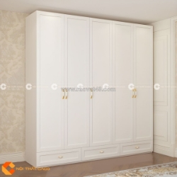 Tủ quần áo gỗ mdf màu trắng 5 cánh kèm hộc kéo