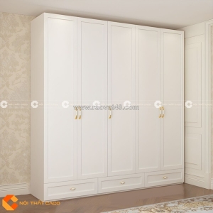 Tủ quần áo gỗ mdf màu trắng 5 cánh kèm hộc kéo